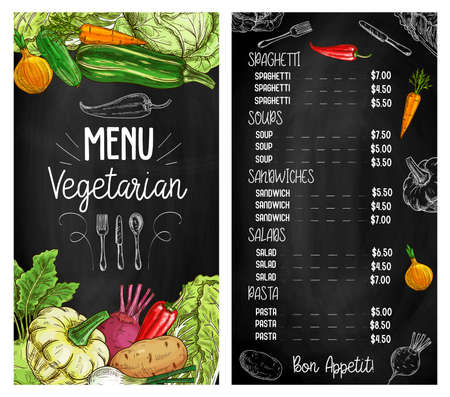 Vegetable salads chalkboard sketch menu, vegetarian food restaurant, vector. Organic vegan cafe menu chalk sketch on blackboard, healthy vegetarian salads, pasta spaghetti, soups and sandwiches mealsのイラスト素材
