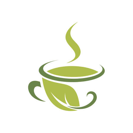 Cup of green steaming tea isolated drink of herb. Vector herbal beverage with fresh leafのイラスト素材