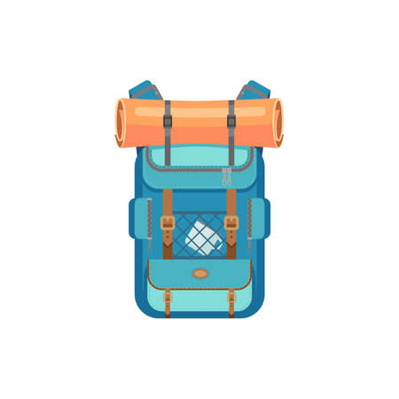 Blue backpack with sleeping mat isolated hiking and camping sport bag. Vector traveling rucksack or haversack with camp gear, tourist knapsack with metal mug or cup in pocket, travel accessoryのイラスト素材