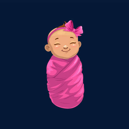 Newborn girl in pink wrap isolated baby shower symbol. Vector sleeping child with bow on head, infant swaddled in violet wrap, caucasian child. Young human child wrapped in blanket, innocent faceのイラスト素材