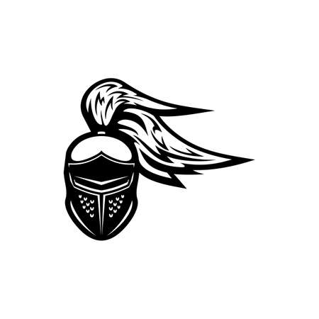Gladiator helmet with plumes isolated monochrome icon. Vector crusader headgear, medieval knight head, sport mascot emblem. Ancient protection cap with feathers, spartan military armor, royal guardのイラスト素材