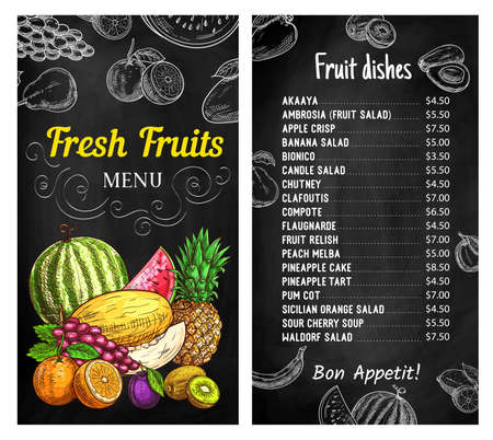 Fresh fruits chalkboard menu vector template. Chalk sketches of orange, pineapple, mango and watermelon, lemon, banana, plum and grapes, kiwi, avocado and melon with layout of dishes list and pricesのイラスト素材