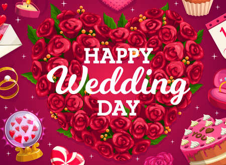 Wedding wreath, cake and love heart of flowers, vector bride and groom marriage party golden rings. Wedding cake and floral bouquet, love message and heart lollipop, crystal ball and giftsのイラスト素材