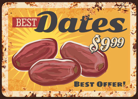 Dates dried fruits metal plate, food rusty vector vintage posterのイラスト素材