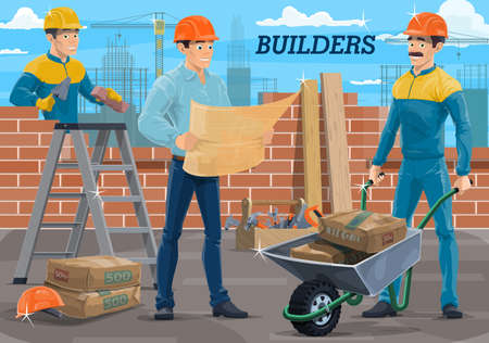 Engineer builder workers on construction site, architect and builder mason, vector house building.のイラスト素材