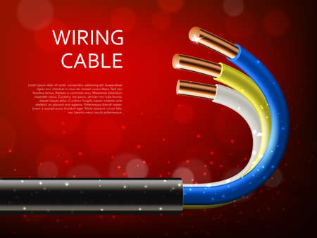 Electrical power cable with copper wires realistic vector of electrician wiring. Main cable in plastic jacket with curved colorful conductors 3d banner, decorated with sparkles and bokeh lightsのイラスト素材