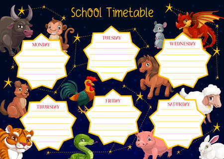 School timetable vector template of student education schedule with Chinese New Year zodiac animals.のイラスト素材