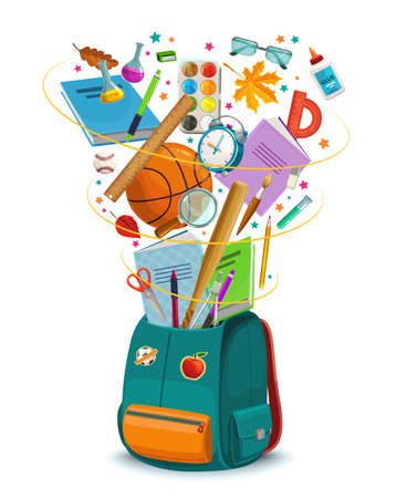 School rucksack with vector stationery and study supplies flying out.のイラスト素材