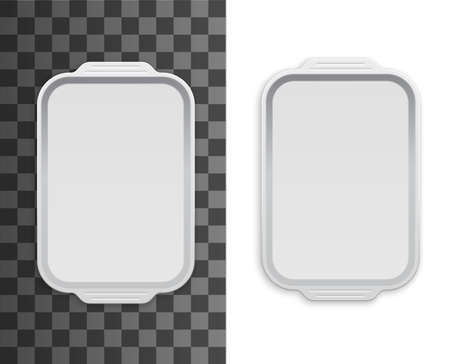 Tray, disposable plastic food package box, container mockup, vector white empty pack. Food tray of white plastic with handles, kitchen canteen and fast food salver, canteen disposable plateのイラスト素材