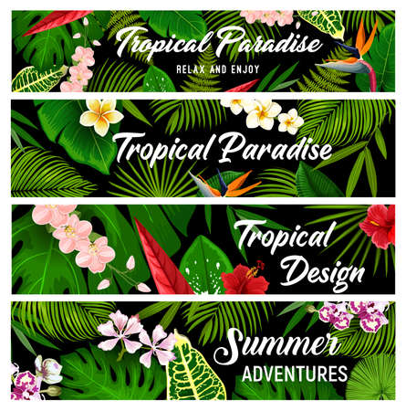 Tropical plants and flowers vector banners, exotic palm leaves and blossoms. Floral cards with tropic hawaiian flowers exotic hibiscus, plumeria, orchid and strelitzia, fern, monstera and areca palmのイラスト素材