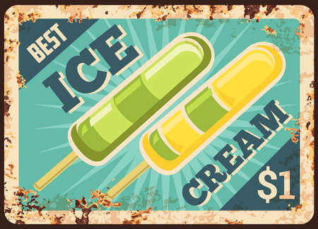 Fruit ice pop rusty metal vector plate. Frozen juice or yogurt ice cream, sorbet bar on stick. Ice cream shop, parlor or cafe retro banner, price sign with rusty frame and typographyのイラスト素材