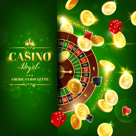 Casino roulette wheel and dice online gambling games, vector online casino jackpot. Game of chance, internet betting. 3d golden coins and gold crown on green blurred background, realistic posterのイラスト素材