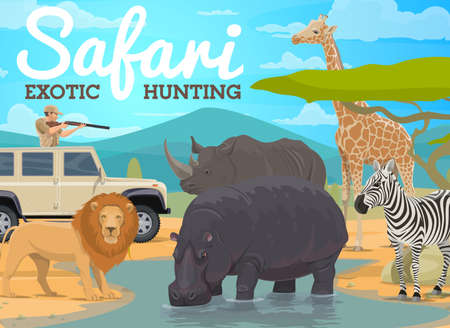 Safari hunting and African animals hunt in jungle, vector hunter in Africa. Safari hunting for wild rhinoceros, lion, zebra, giraffe and hippopotamus in savanna, hunter in off-road car with rife gunのイラスト素材