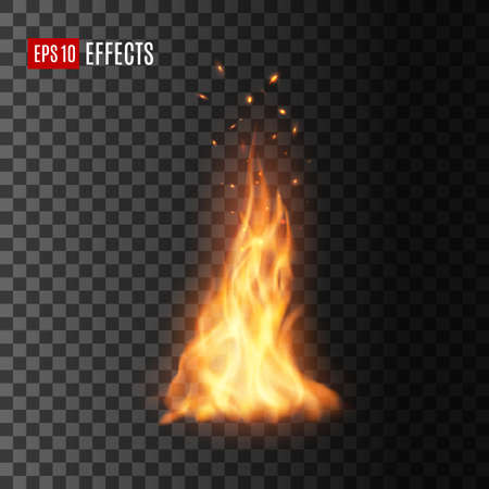 Fire with sparks, isolated vector campfire or torch flame. Realistic burning 3d blaze, glowing orange and yellow shining flare with flying embers. Bonfire design element on transparent backgroundのイラスト素材