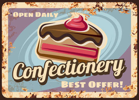 Confectionery or cafe rusty metal vector plate. Sponge cake with chocolate icing, cream or jam filling. Pastry shop, cupcakery sweet dessert advertising retro banner, poster or sign with rust textureのイラスト素材