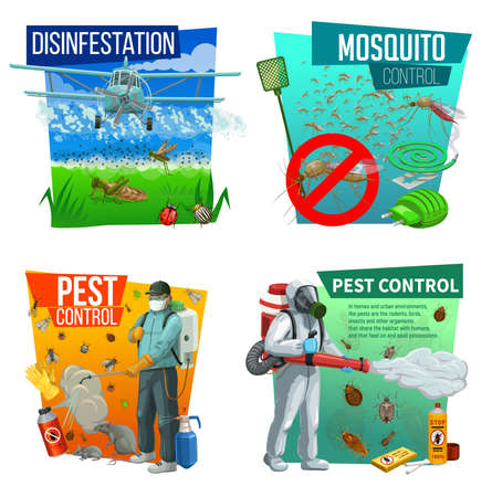 Pest control vector icons, disinsection service, insects extermination at home and fields. Agricultural pest control with airplane, cold fogger and press sprayer against insects, mosquito fumigationのイラスト素材