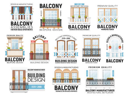 Windows and balconies icons. House exterior or interior, apartment building architecture design elements. Home facade balconies with windows, doors and railings, balustrades with flower potsのイラスト素材