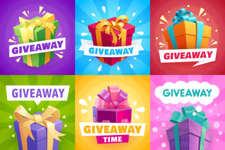 Giveaway gifts, give away competition banners and contest winner, posters. Giveaway free prize and gift boxes with ribbons, quiz and social give away promo award, gifts with golden ribbonsのイラスト素材
