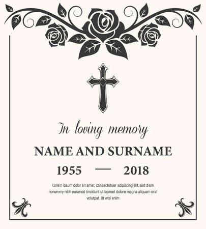 Funeral card template, condolence flower ornament with cross, name, birth and dates. Obituary memorial, gravestone engraving with fleur de lis symbols in corners, vintage funeral cardのイラスト素材