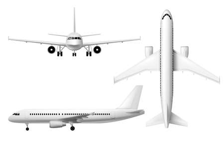 Plane or airplane, realistic aircraft or passenger aeroplane, 3D model isolated mockup. White blank airplane in flight, front, top and side view, airline jet with engines, civil aviationのイラスト素材