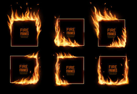 Square frames in fire, vector burning borders. Realistic burn flame tongues with flying particles and embers on rectangular frame edges. 3d flare. Burned hoops or holes in fire, isolated borders setのイラスト素材