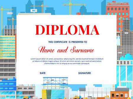 School education diploma with building houses, vector template with cartoon urban architecture build construction process with cranes and machinery, school student or kindergarten certificate frameのイラスト素材