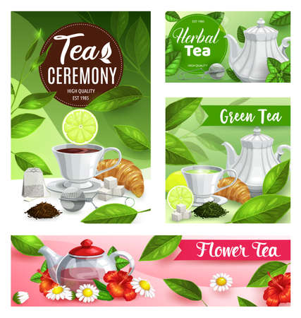 Tea vector posters with cup, teapot and kettle with green leaves. Mugs of hot beverage and herbal drink, tea bag, sugar and lemon, croissant and infuser mesh spoon, mint, hibiscus and chamomile flowerのイラスト素材