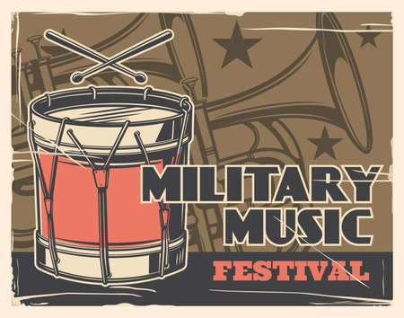 Music festival, military band and army parade vector poster. Military guard music instruments trumpet brass and drums, solider academy march parade and independence day ceremony live concertのイラスト素材