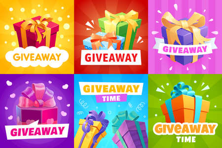 Giveaway vector gift boxes and presents wrapped with ribbons. Store offer, promotion with gifts and prizes, quiz contest. Announcement or media event post, winner congratulation giveaway time postersのイラスト素材