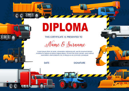 School diploma vector education template with heavy vehicles technics. Car, tractor, truck and crane, excavator, bulldozer, forklift and van. School certificate design with transportation, automobilesのイラスト素材