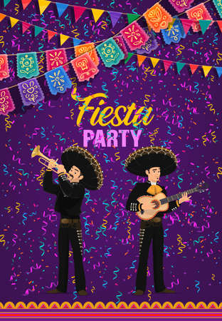 Cinco de Mayo fiesta party vector poster. Mariachi band of mexican musicians in sombrero and national costumes playing guitar and trumpet with flag garlands and confetti. Fiesta event cartoon cardのイラスト素材