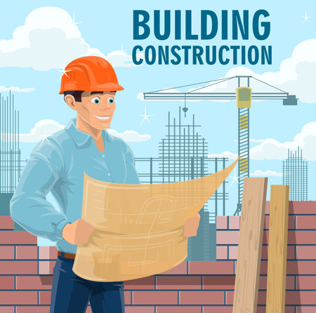 Building construction engineer, architect or contractor. Engineer in safety helmet looking on blueprint, architect studying building drawings and construction company contractor reading plan vectorのイラスト素材