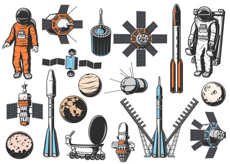 Space exploration icons set. Astronaut in spacesuit on maneuvering unit, natural and artificial...