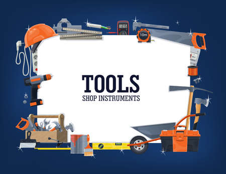 Construction, house repair tools shop banner. Wheelbarrow, toolbox and helmet, carpenter rule, measure tape and level, pickaxe and saw, multimeter, extension cord and tile cutter, screwdriver vectorのイラスト素材