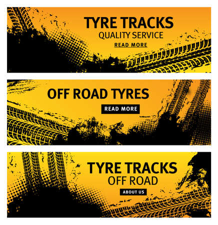 Tire tracks, off road tire prints, grunge vector car treads with black dotted spots and marks. Rally, motocross bike protectors, vehicle, transportation dirty wheels trace. Quality service banners setのイラスト素材