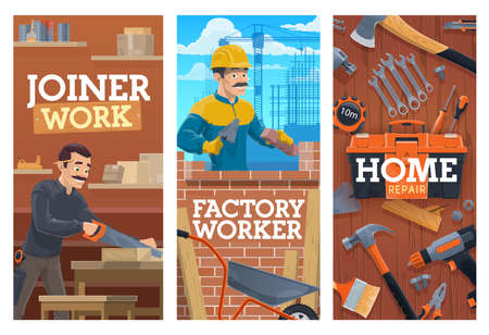 Working builder and joiner, construction and home repair tools banners. Bricklayer laying bricks with trowel, joiner or carpenter in workshop, cutting wooden board with saw, construction tools vectorのイラスト素材