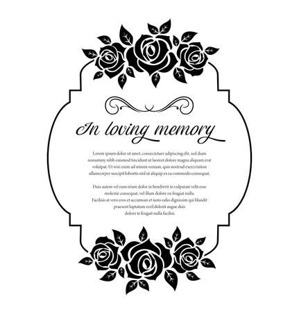Funeral card, vector vintage condolence rose flowers ornament with flourishes and place for obituary text. Monochrome retro frame, obsequial memorial, funeral sorrowful card or necrology templateのイラスト素材