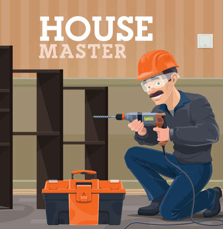 House master using electric drill, construction worker in safety helmet and goggles installing furniture in apartment. House renovation service handyman with toolbox using power tools vectorのイラスト素材