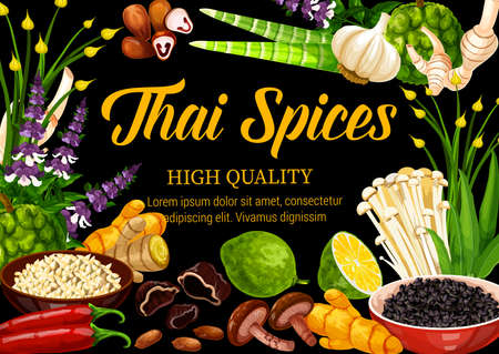 Thai herbs, spices and seasonings, food condiments and herbal cooking ingredients, vector Thai cuisine food spices lemongrass, ginger and kaffir, garlic, chili pepper and mushrooms, herbal seasoningsのイラスト素材