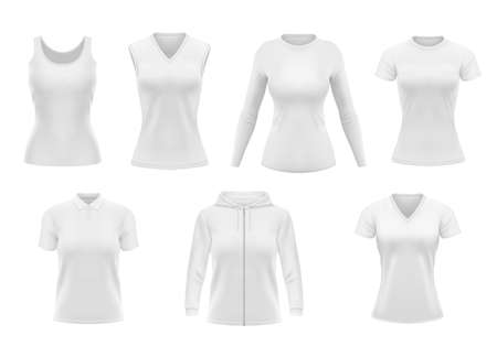 Women clothes isolated vector tshirt, hoodie and polo shirt with singlet and longsleeve apparel mockup. Realistic 3d female garment, white underwear template. Blank clothing design, outfit objects setのイラスト素材