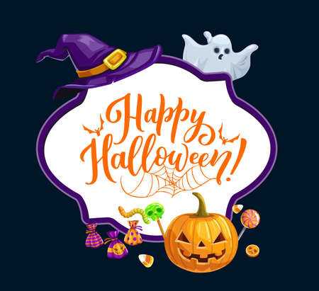 Happy Halloween holiday, trick or treat horror party vector frame. Halloween scary pumpkin lantern, ghost and witch hat, monster sweets and candies skull lollipop, worms, bat and spider webのイラスト素材