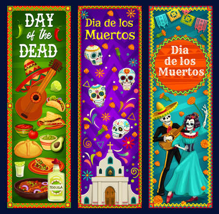 Day of the Dead sugar skulls, skeleton and Catrina vector banners. Mexican Dia de los Muertos sombrero, guitar and marigold flowers, musical festival mariachi and Calavera, church, bread and tequilaのイラスト素材