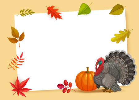 Frame with Thanks Giving day vector symbols turkey, pumpkin and autumn fallen leaves. Happy Thanksgiving day border, postcard, greeting card, poster template. Fall season holiday event cartoon designのイラスト素材