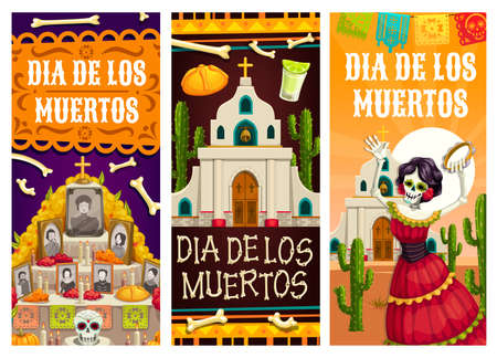 Day of the Dead or Dia de los Muertos vector banners of Mexican fiesta holiday. Catrina skeleton, sugar skull, bread and tequila on altar, church, cactuses and candles, marigold and papel picado flagsのイラスト素材