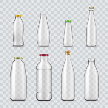 Bottle and jar realistic mockups of vector glass containers isolated on transparent background. Empty bottles for water, juice and milk drinks, sauce, yogurt, oil and soft beverages with metal capsのイラスト素材