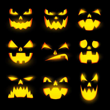 Scary glow pumpkin faces isolated vector icons, Halloween monster emoticons, jack lantern emojis, angry and gloating expressions, glowing spooky evil eyes, teeth and creepy smiles, funny creatures setのイラスト素材