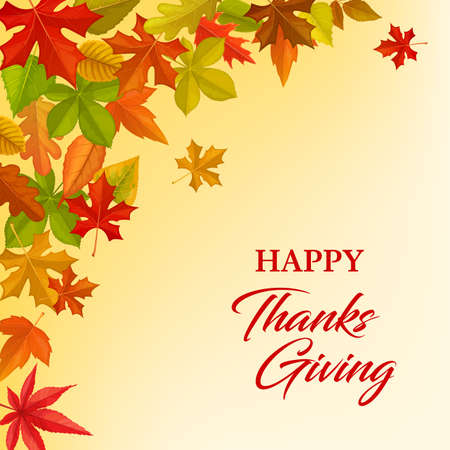 Happy Thanksgving vector greeting card with frame of autumn leaves. Thanksgiving day congratulation, fallen maple, oak, birch or rowan with chestnut tree foliage. Fall season holiday cartoon posterのイラスト素材