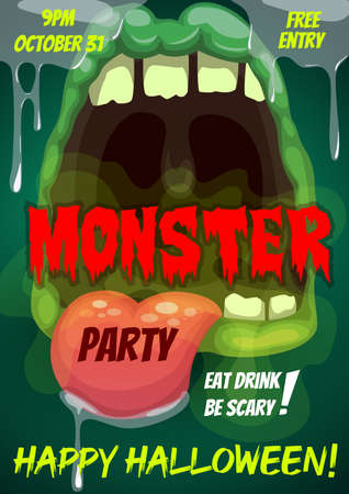 Happy Halloween party vector flyer with monster mouth, cartoon invitation poster with open zombie toothy jaws teeth, tongue and dripping slime. Halloween party, event invite with creepy monsterのイラスト素材