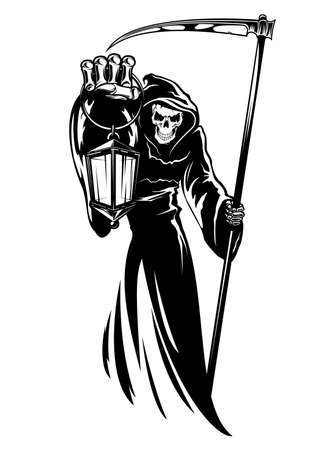 Reaper with scythe and lantern. Grim death wearing black chlamydia with hood. Skeleton character in cape for Halloween, religion symbol, tattoo design or tshirt print isolated on white background.のイラスト素材