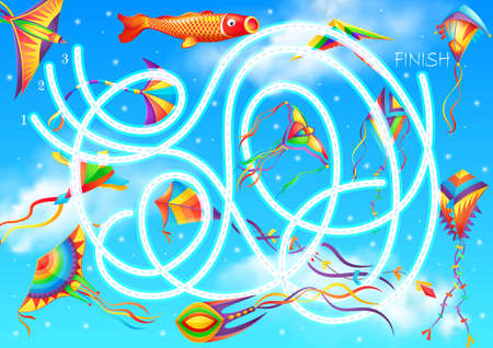 Maze or labyrinth game vector template of kids education design with cartoon kites on blue sky background. Find way or path puzzle with paper kites in shape of bird, fish and butterfly flying in skyのイラスト素材